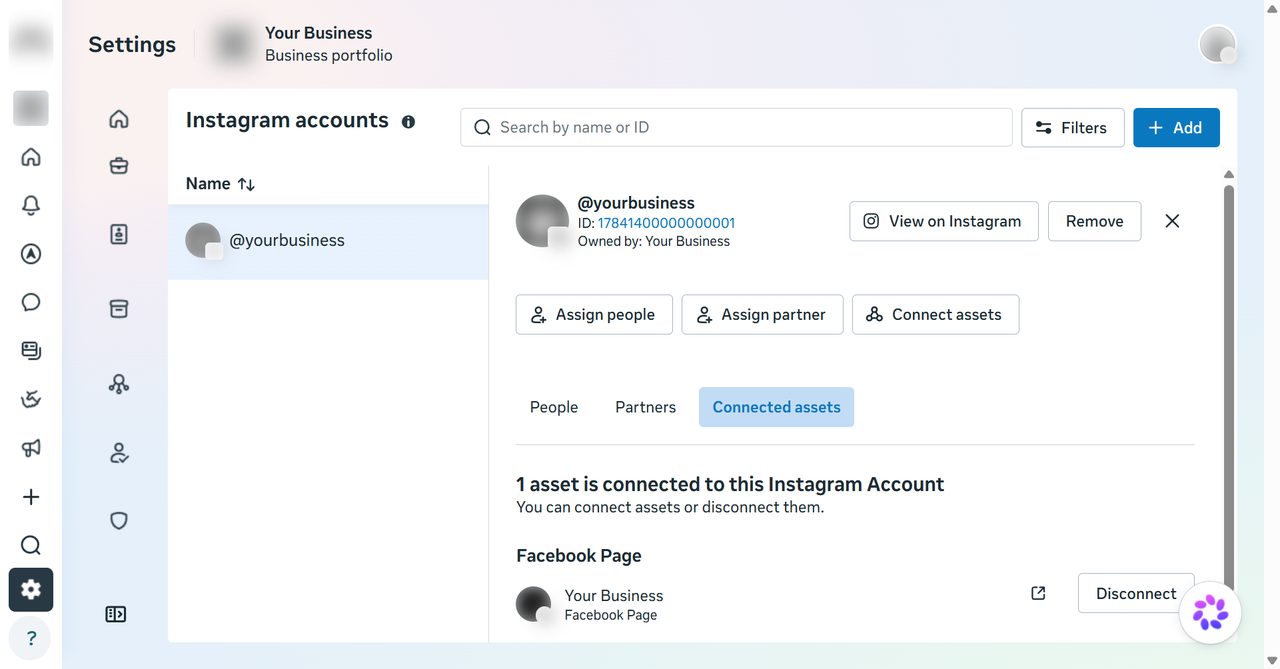 Instagram account settings in Meta Business Suite showing the account ID and its connected Facebook Page