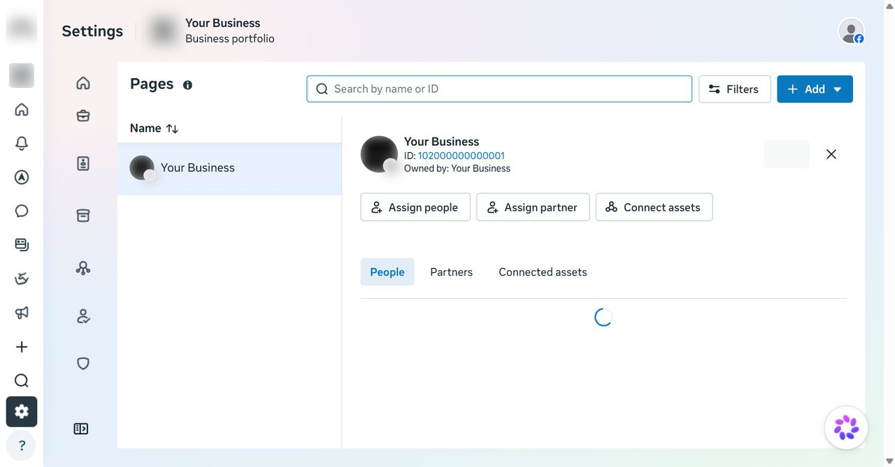 Facebook Page in Meta Business Suite settings with its Page ID