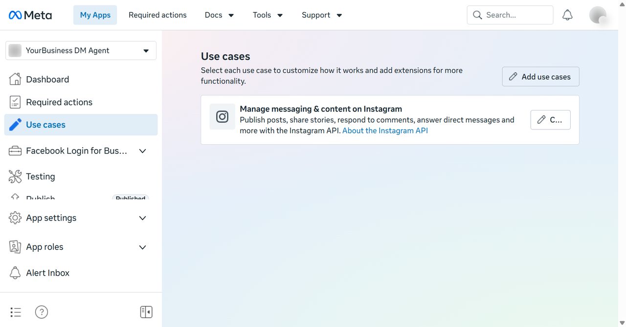 Use case list with the Instagram messaging use case selected
