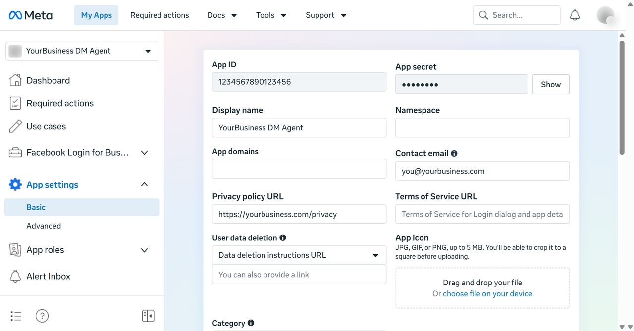 App settings Basic page with privacy policy URL, data deletion URL, icon and category