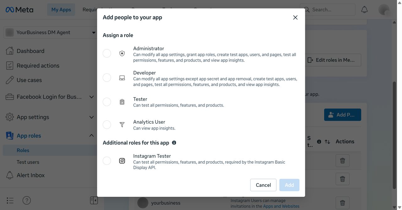 Add people dialog with the Instagram Tester role selected