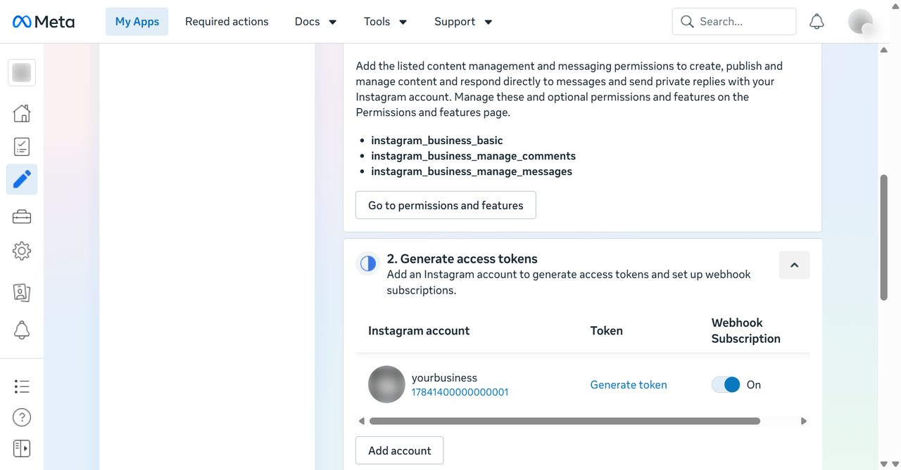 API setup with Instagram login showing the added account with Webhook subscription on