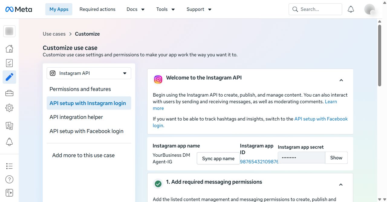 Instagram app ID and Instagram app secret on the API setup screen
