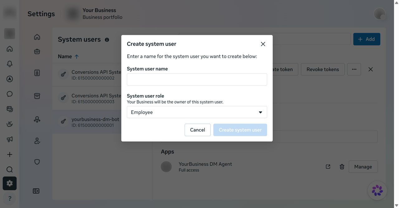 Create system user dialog with a name and the Admin role