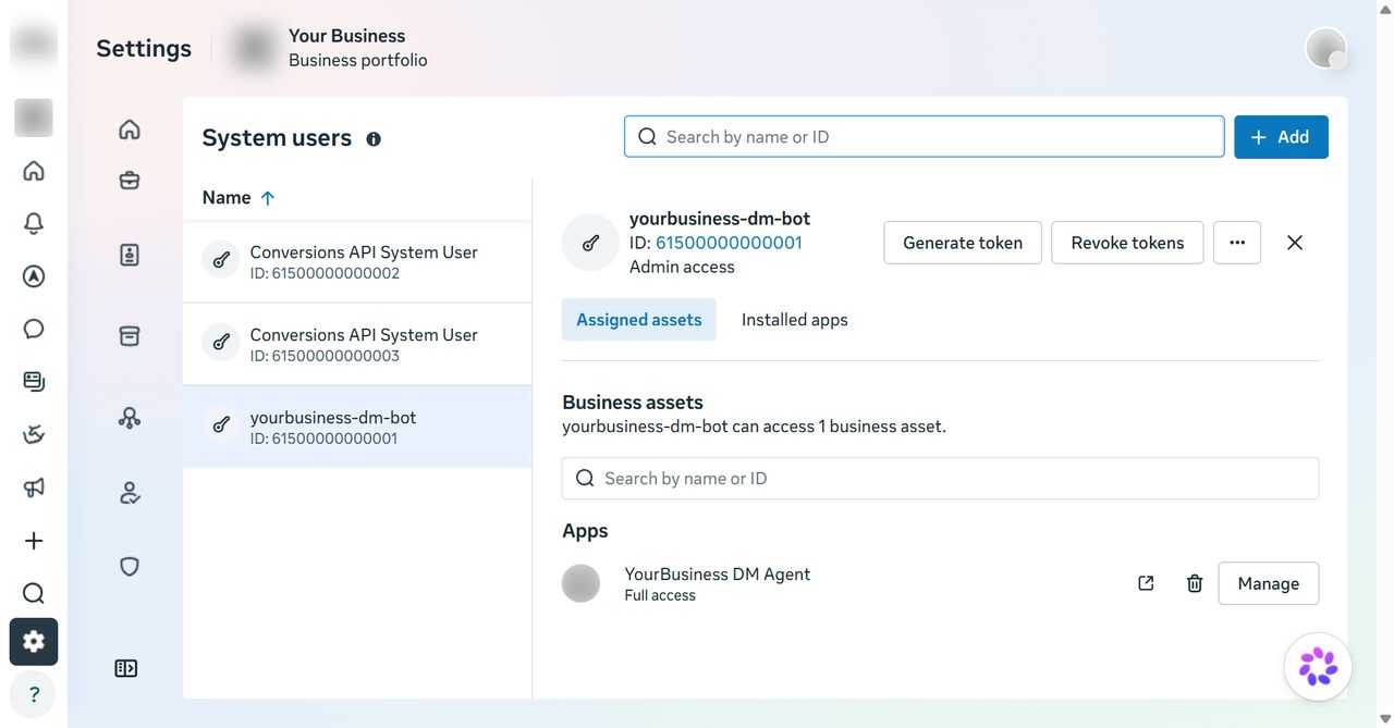 Assign assets dialog with the app, Page and Instagram account selected