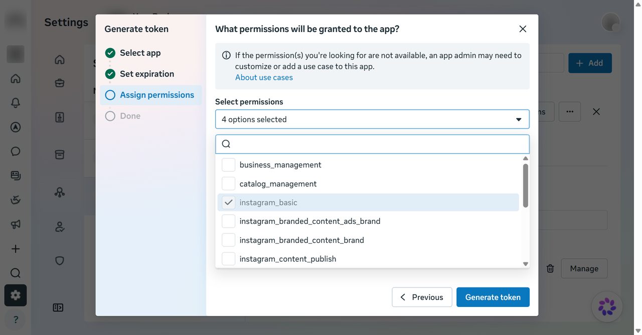 Generate token dialog with the app, Never expiry and the permissions ticked