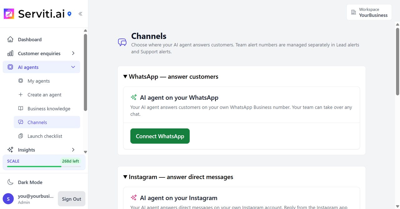 Serviti Channels page with the Connect Instagram button
