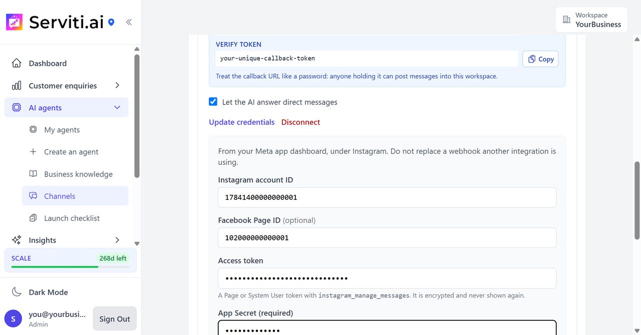 Serviti Connect Instagram form filled in