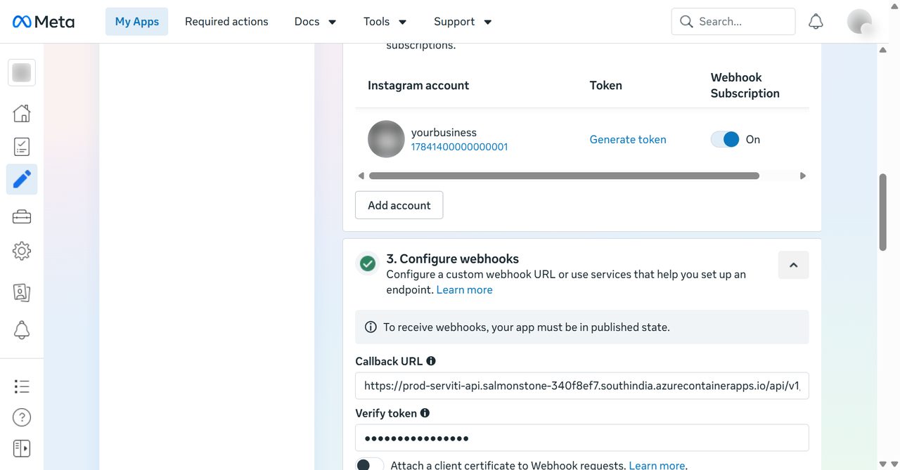 Configure webhooks with the Callback URL and Verify token filled in