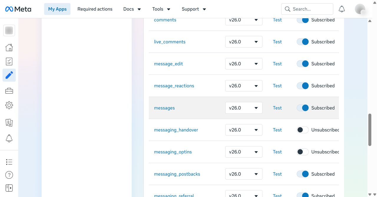 Webhook fields with messages subscribed
