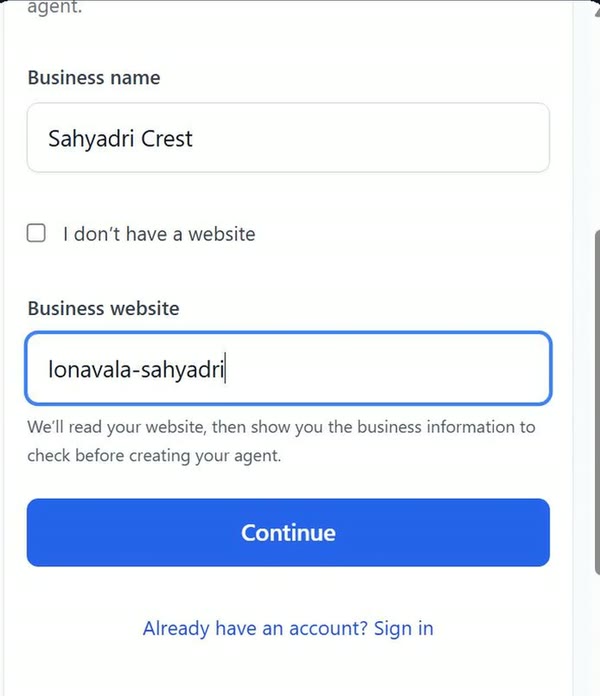 Signup form with the business name and business website filled in