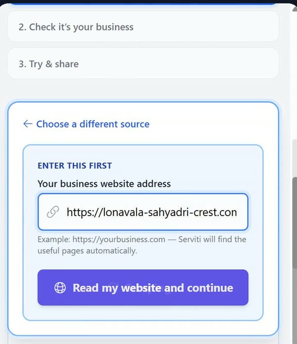 Your business website address with the Read my website and continue button