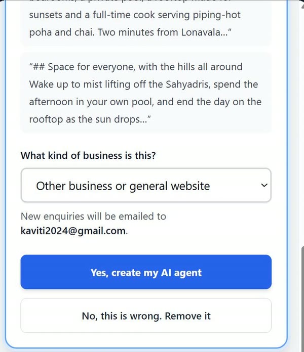 What kind of business is this? selector and the Yes, create my AI agent button