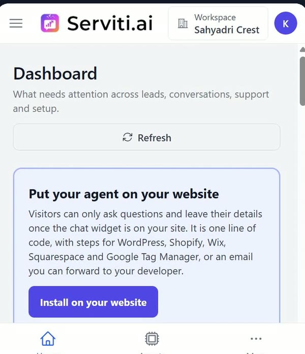 Dashboard card Put your agent on your website with the Install on your website button