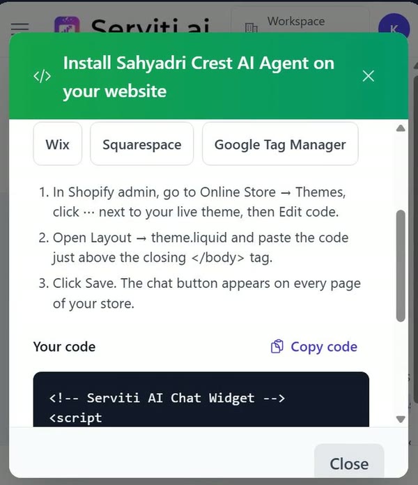 Install screen showing the Shopify steps