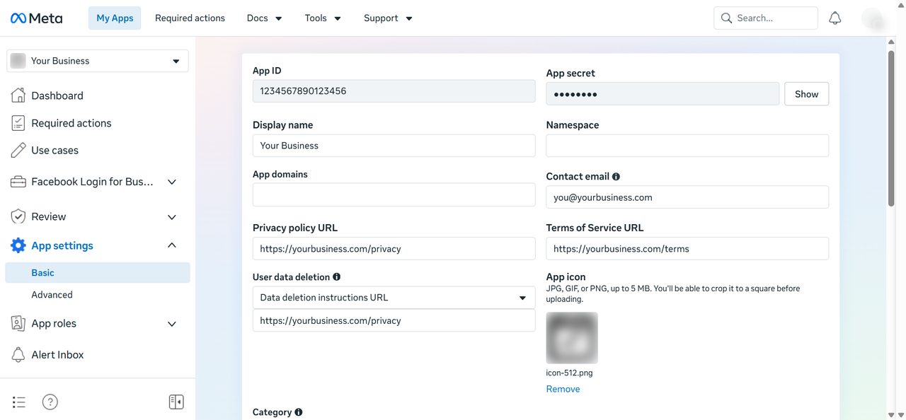 App settings Basic with the privacy policy URL filled in