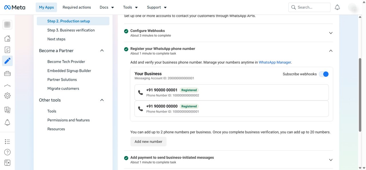 Register your WhatsApp phone number with a registered number, its Phone Number ID and the Messaging Account ID