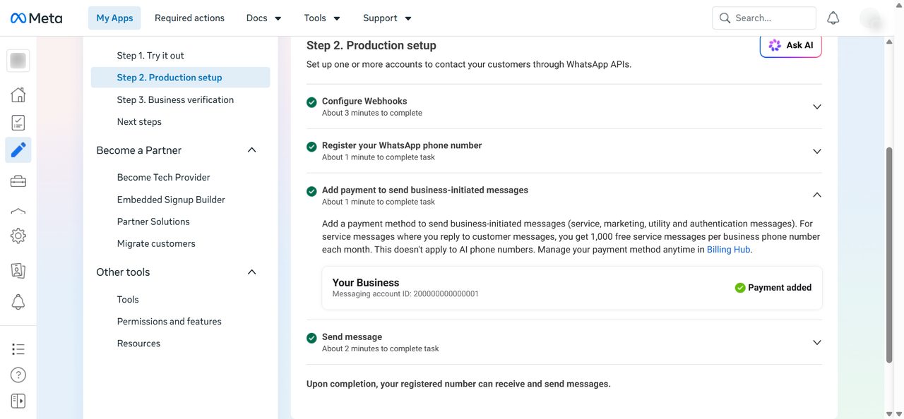 Add payment to send business-initiated messages showing Payment added