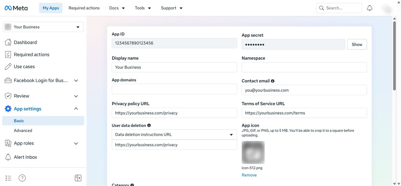 App settings Basic with the App secret field and Show button