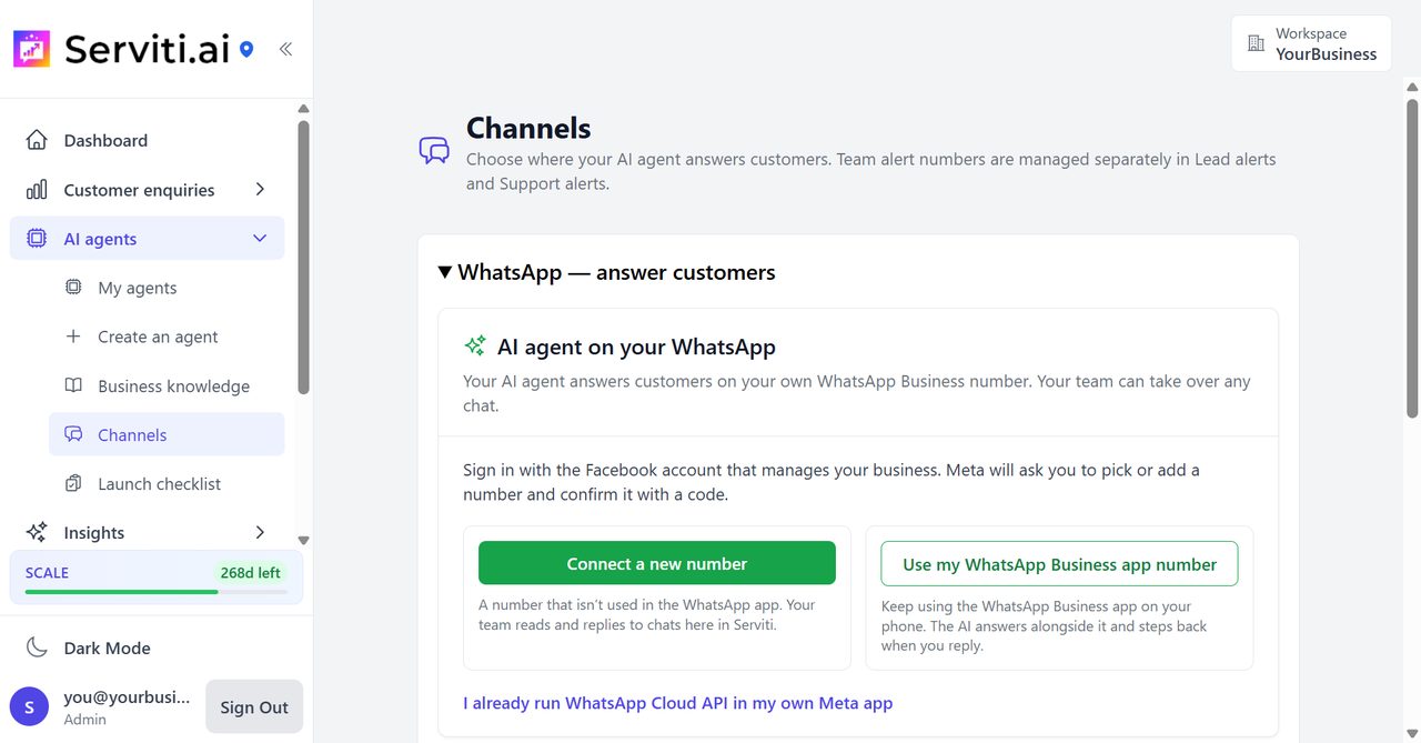 Serviti Channels with Connect WhatsApp open and the own Meta app link below the two buttons