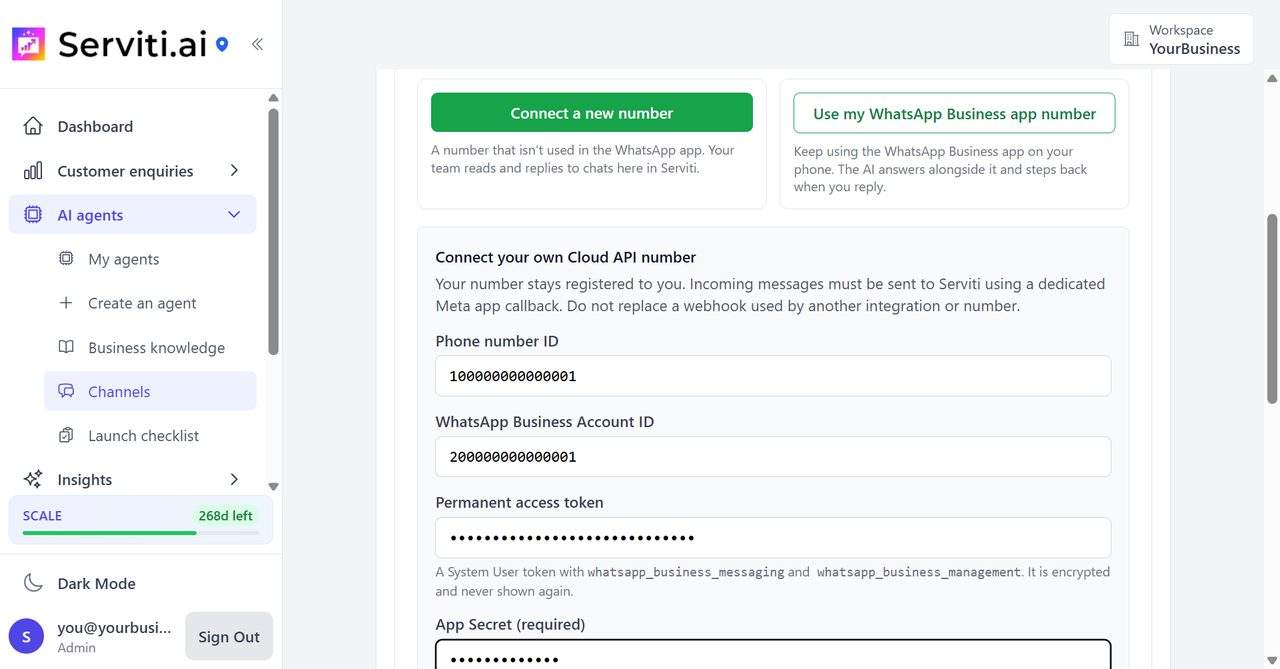 Serviti own-app form filled in with the Phone number ID, WhatsApp Business Account ID, token and App Secret