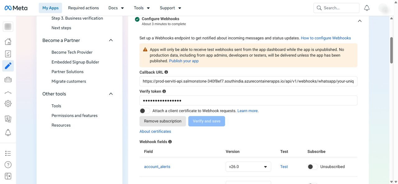 Configure Webhooks with the Callback URL and Verify token