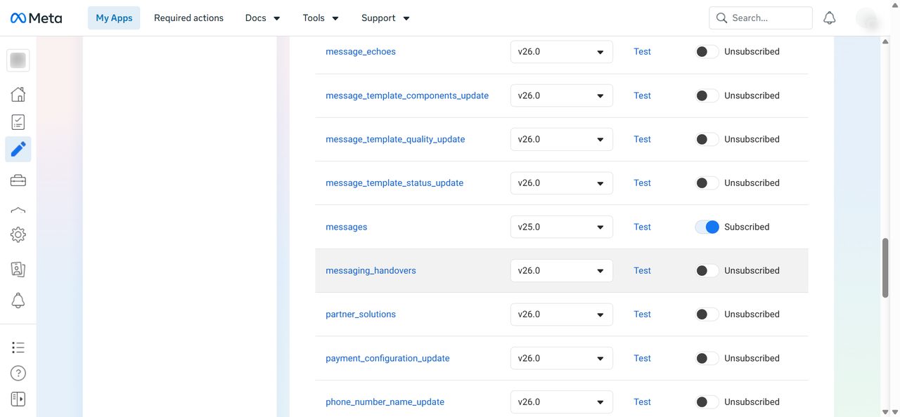 Webhook fields with messages subscribed